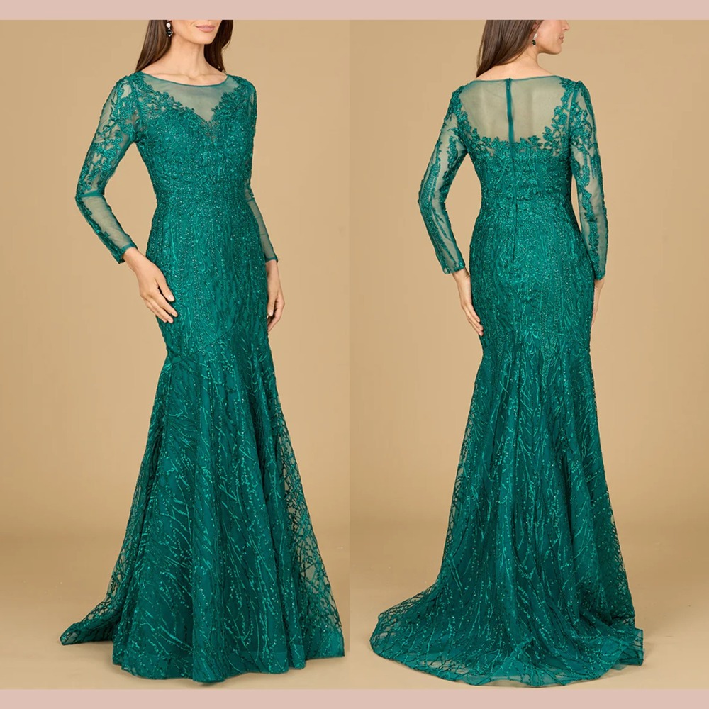 NWT $758‎ LARA NY [ 16 ] 29131 Long Sleeve Lace Mermaid Gown in Green #J2018